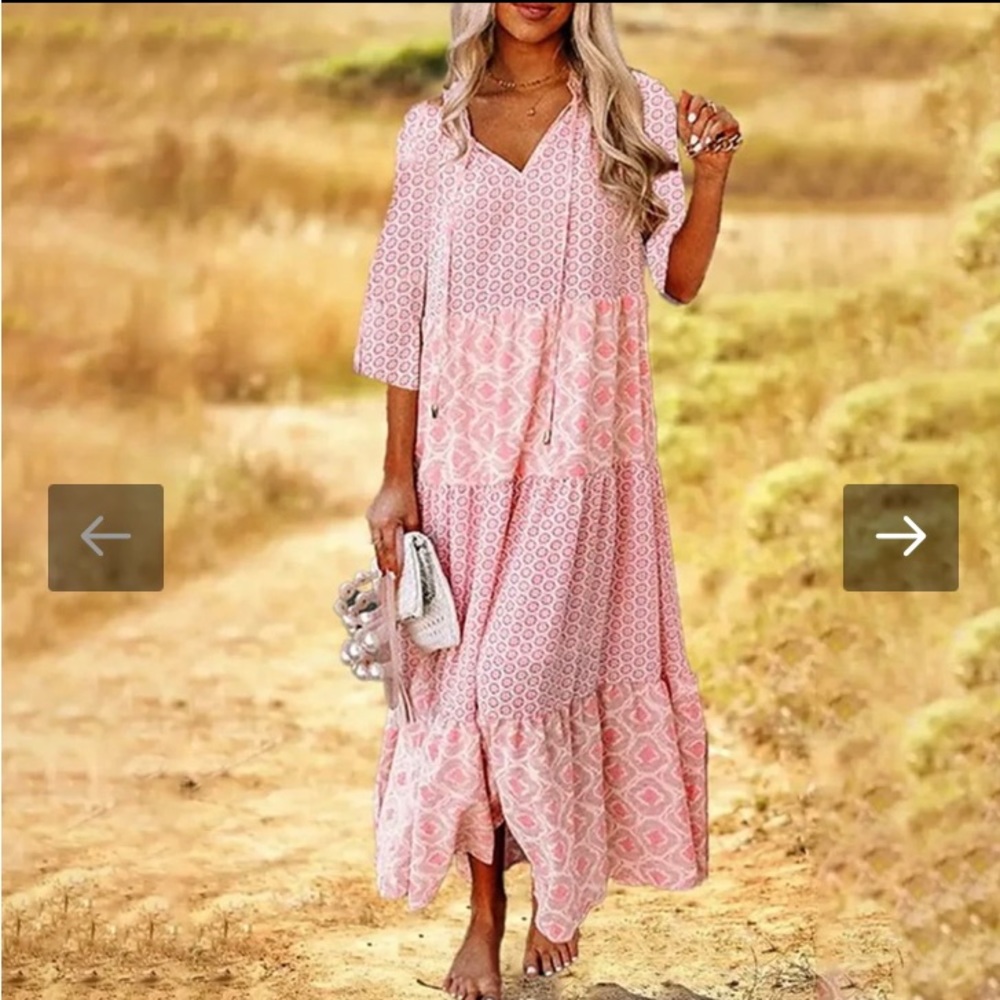 Pink Print V-Neck 3/4 Sleeve Maxi Dress